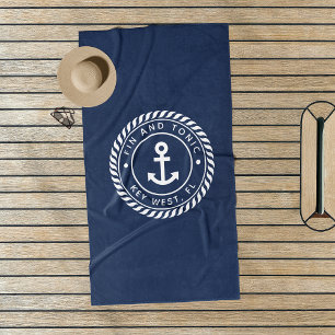 Nautical Navy & White Anchor Boat Name Beach Towel