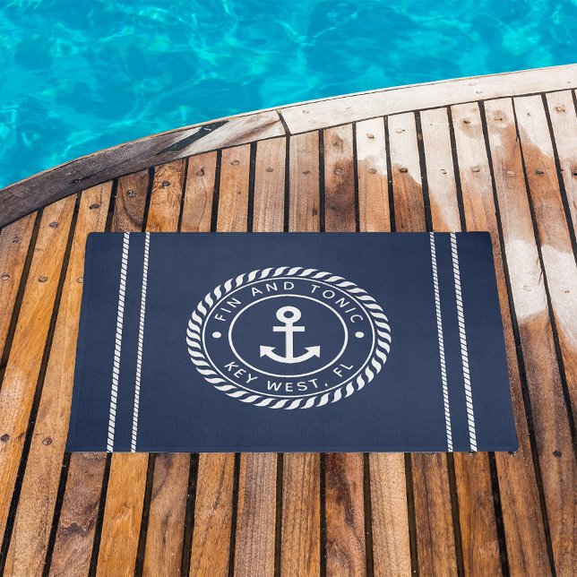 Nautical Navy & White Anchor Boat Name Doormat (Creator Uploaded)