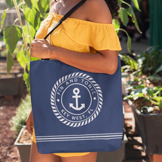 Nautical Navy & White Anchor Boat Name Tote Bag (Creator Uploaded)