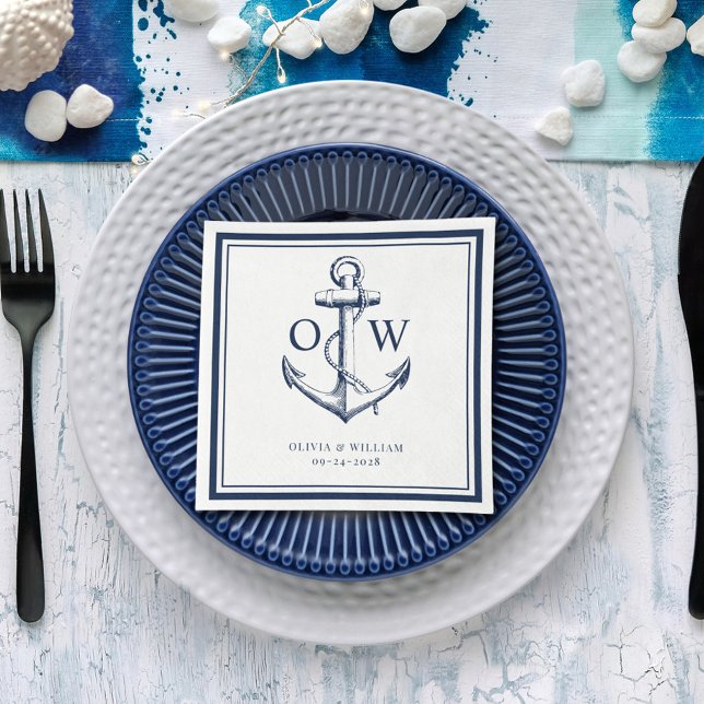 Nautical Navy White Anchor Monogram Wedding Napkin (Creator Uploaded)