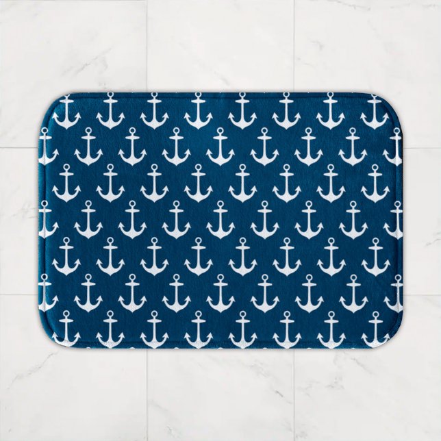 Nautical Navy White Anchor Pattern Bath Mat (Creator Uploaded)