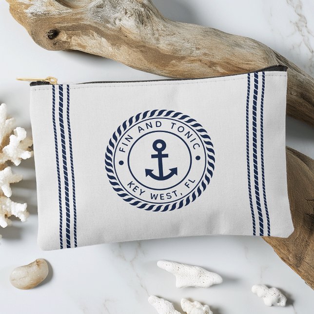 Nautical Navy & White Anchor Stripe Boat Name Accessory Pouch (Creator Uploaded)