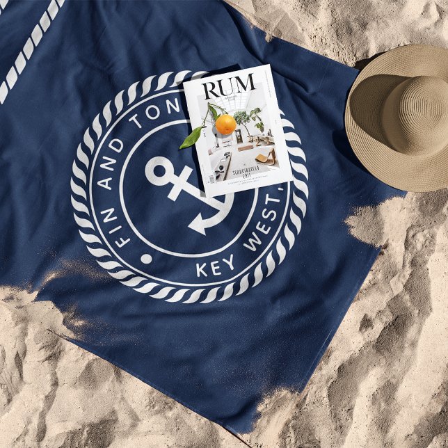 Nautical Navy & White Anchor Stripe Boat Name Beach Towel (Creator Uploaded)