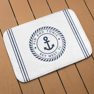 Nautical Navy & White Anchor Your Boat Name Bath Mat