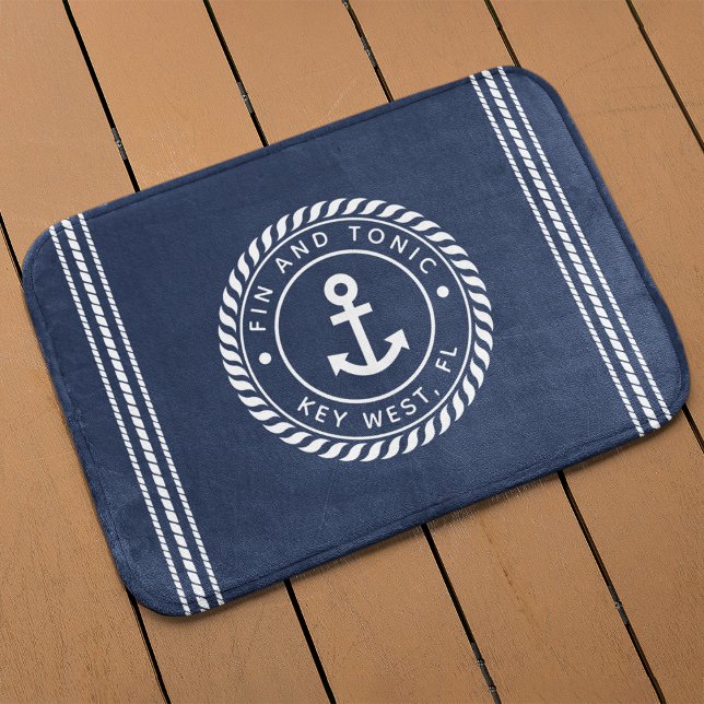 Nautical Navy & White Anchor | Your Boat Name Bath Mat (Creator Uploaded)