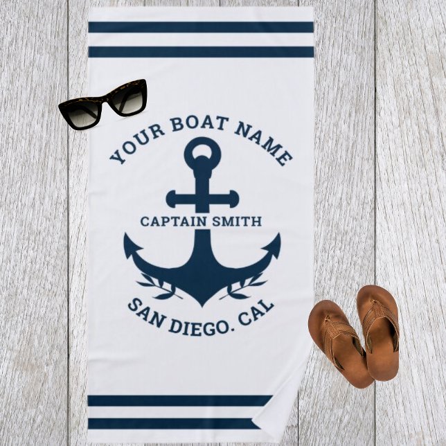 Nautical Navy White Boat Name Beach Towel (Creator Uploaded)