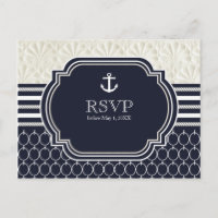 Nautical Navy & White Elegant Beach Wedding RSVP