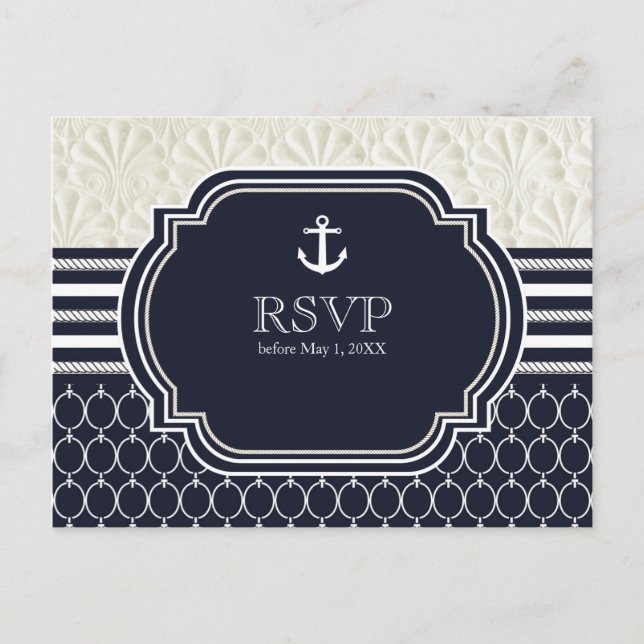 Nautical Navy & White Elegant Beach Wedding RSVP Invitation Postcard (Front)