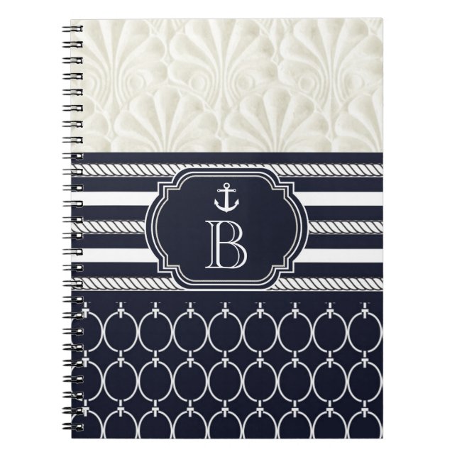 Nautical Navy & White Elegant Beach Wedding Spiral Notebook (Front)