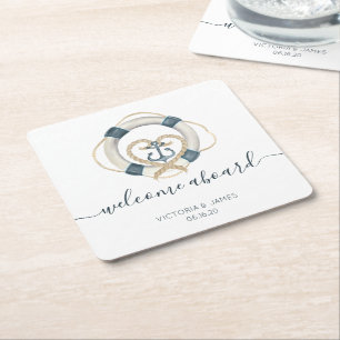 Nautical Navy & White Personalised Wedding Square Paper Coaster