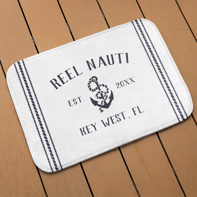 Nautical Navy & White Rustic Anchor | Boat Name Bath Mat (Creator Uploaded)