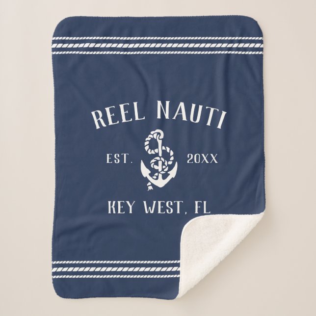 Nautical Navy & White Rustic Anchor Boat Name Sherpa Blanket (Front)
