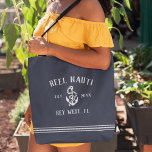Nautical Navy & White Rustic Anchor Boat Name Tote Bag<br><div class="desc">Tote your gear to the marina with this awesome custom tote bag that you can easily customise with your boat name! Nautical design features a rich, deep navy blue background with your boat's name, year established, and ship's registry in rustic white lettering with an anchor illustration. Rope stripe detailing along...</div>