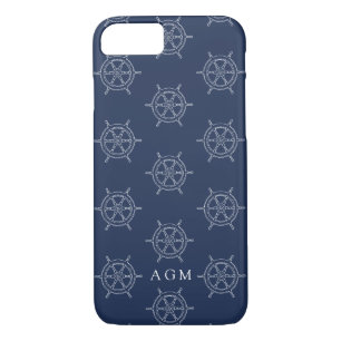 Nautical Navy & White Ships Wheel Pattern Monogram Case-Mate iPhone Case