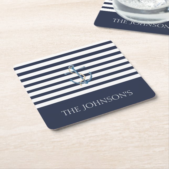 Nautical Navy White Stripe Anchor Name Square Paper Coaster (Angled)