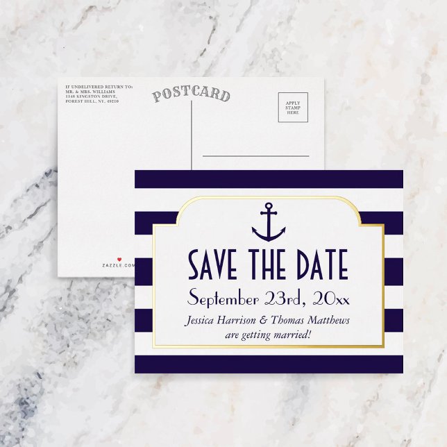 Nautical Navy & White Stripe Anchor Save The Date Foil Invitation Postcard (Creator Uploaded)