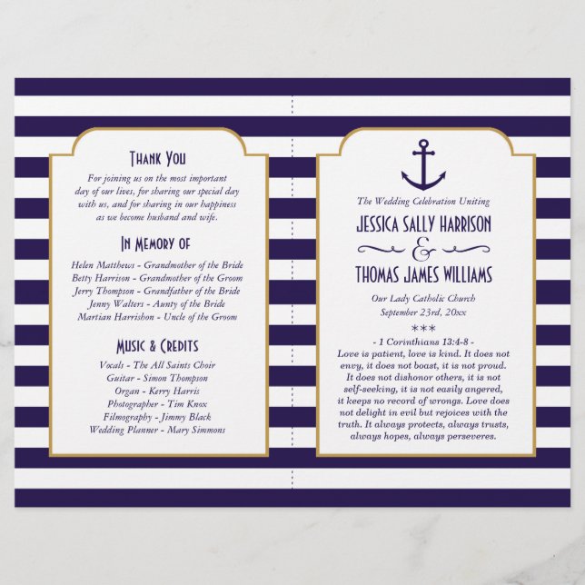 Nautical Navy & White Stripe Anchor Wedding (Front)