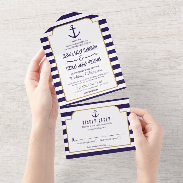 Nautical Navy & White Stripe Anchor Wedding All In One Invitation (Tearaway)