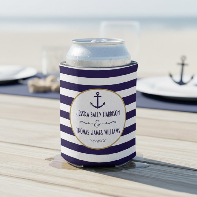 Nautical Navy & White Stripe Anchor Wedding Can Cooler (Creator Uploaded)