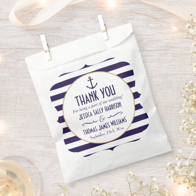 Nautical Navy & White Stripe Anchor Wedding Favour Bags (Clipped)