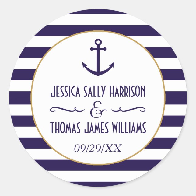 Nautical Navy & White Stripe Anchor Wedding Favour Classic Round Sticker (Front)