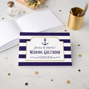 Nautical Navy & White Stripe Anchor Wedding Guest Book