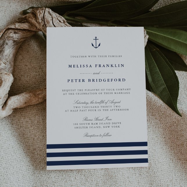 Nautical Navy & White Stripe Anchor Wedding Invitation (Creator Uploaded)