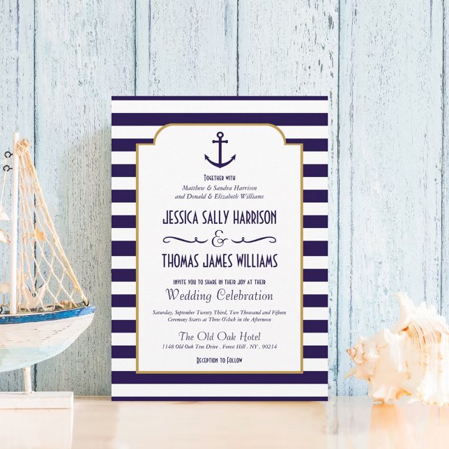 Nautical Navy & White Stripe Anchor Wedding Invitation (Creator Uploaded)