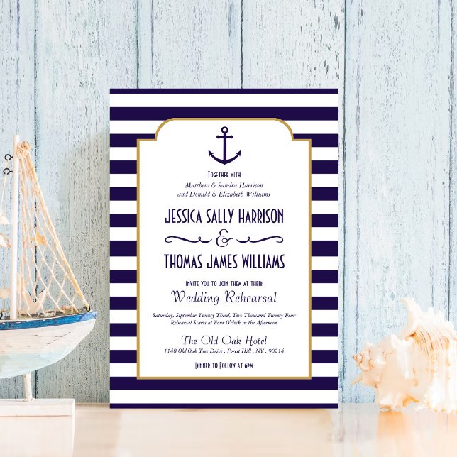 Nautical Navy & White Stripe Anchor Wedding Invitation (Creator Uploaded)