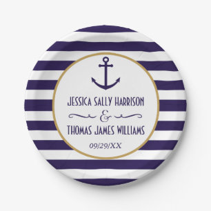 Nautical Navy & White Stripe Anchor Wedding Paper Plate