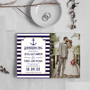 Nautical Navy & White Stripe Anchor Wedding Photo Announcement