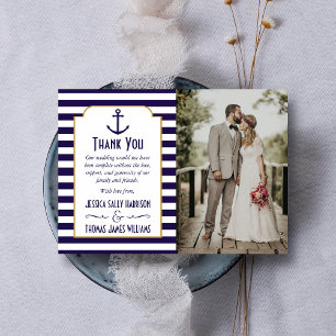 Nautical Navy & White Stripe Anchor Wedding Photo Thank You Card