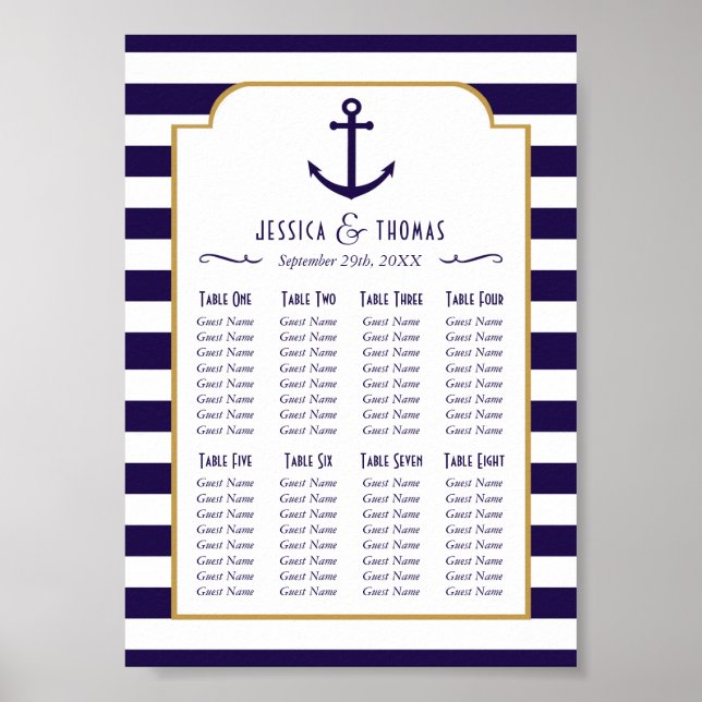 Nautical Navy & White Stripe Anchor Wedding Poster (Front)