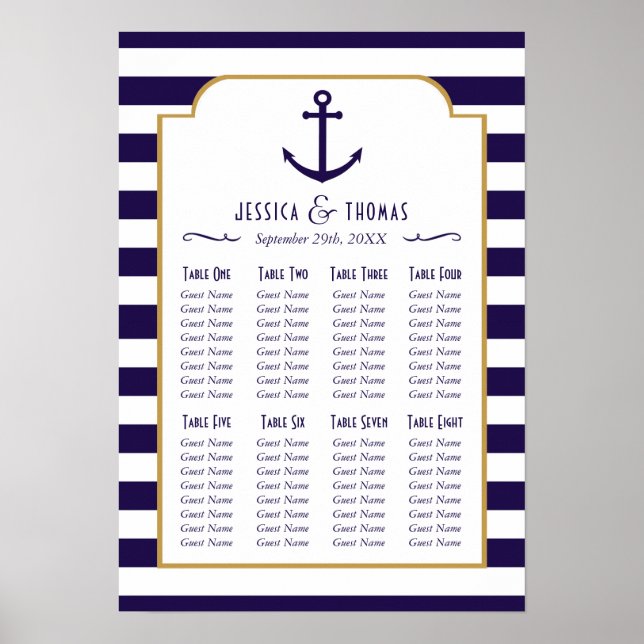 Nautical Navy & White Stripe Anchor Wedding Poster (Front)