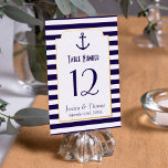 Nautical Navy & White Stripe Anchor Wedding Real<br><div class="desc">Celebrate in style with these elegant and very trendy real foil pressed wedding table number cards. The design is easy to personalise with your own names, date & table number and your guests will be thrilled when they see these fabulous table number cards. *** HOW TO ORDER *** Please customise...</div>