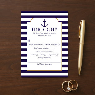 Nautical Navy & White Stripe Anchor Wedding RSVP Card