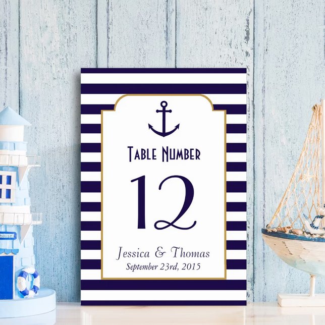 Nautical Navy & White Stripe Anchor Wedding Table Number (Creator Uploaded)