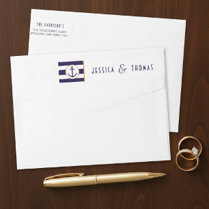 Nautical Navy & White Stripe Anchor Wedding Wrap Around Label