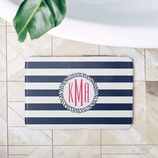 Nautical Navy & White Stripe w/ Pink Monogram Bath Mat (Creator Uploaded)