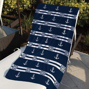 Nautical Navy & White Stripes, Anchor & Ship Wheel Beach Towel