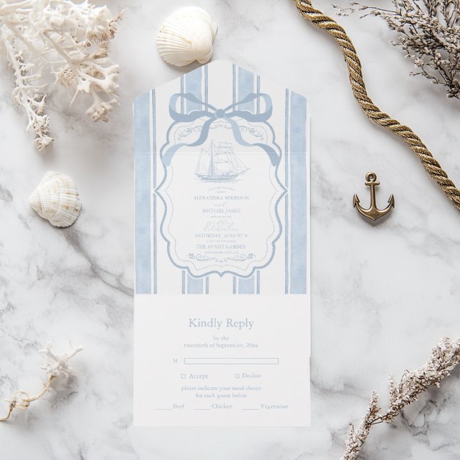 Nautical Navy White Stripes Boat Wedding All In One Invitation (Creator Uploaded)