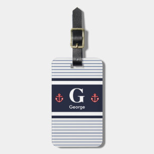 Nautical Navy White Stripes Monogram Luggage Tag