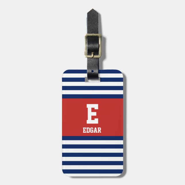 Nautical Navy White Stripes Monogram Luggage Tag (Front Vertical)