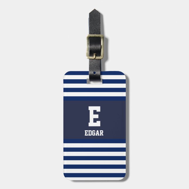 Nautical Navy White Stripes Monogram Luggage Tag (Front Vertical)