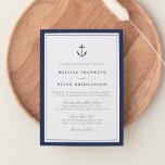 Nautical Navy & White Wedding Invitation | Anchor<br><div class="desc">Our elegant wedding invitations feature classic nautical styling with a clean, minimalist look. Design features a double border of rich navy blue with a ship's anchor illustration at the top. Elegant block and script lettering in soft grey and matching navy blue completes the look. Perfect for yacht club, boat, beachside...</div>