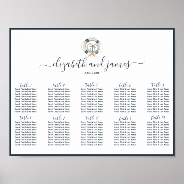 Nautical Navy & White Wedding Table Seating Poster (Front)