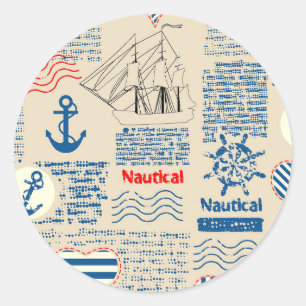 Nautical Newspaper Pattern Classic Round Sticker