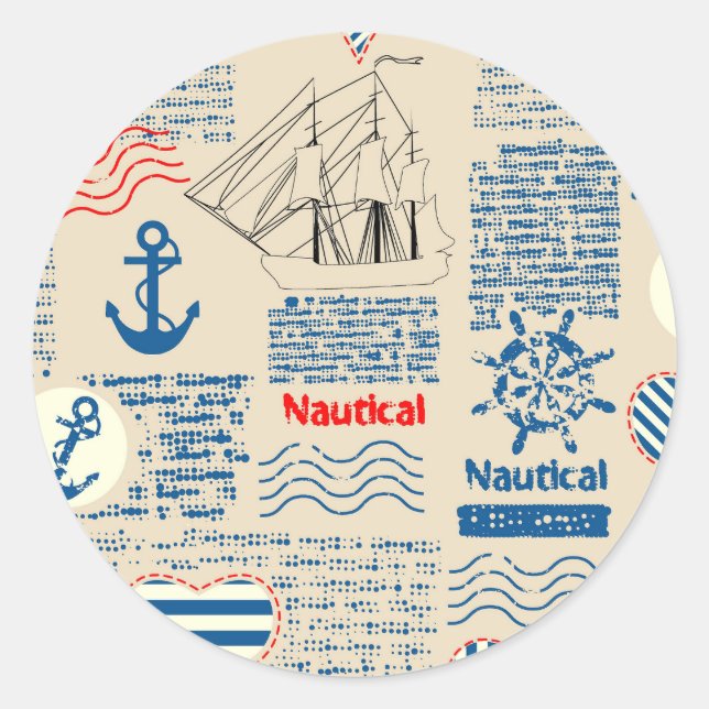 Nautical Newspaper Pattern Classic Round Sticker (Front)