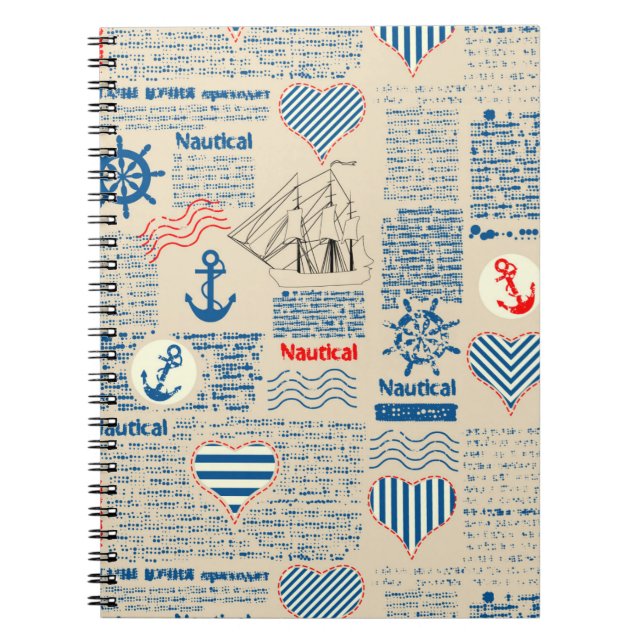 Nautical Newspaper Pattern Spiral Notebook (Front)