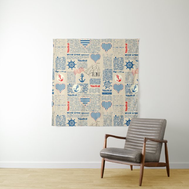 Nautical Newspaper Pattern Tapestry (In Situ (Horizontal))